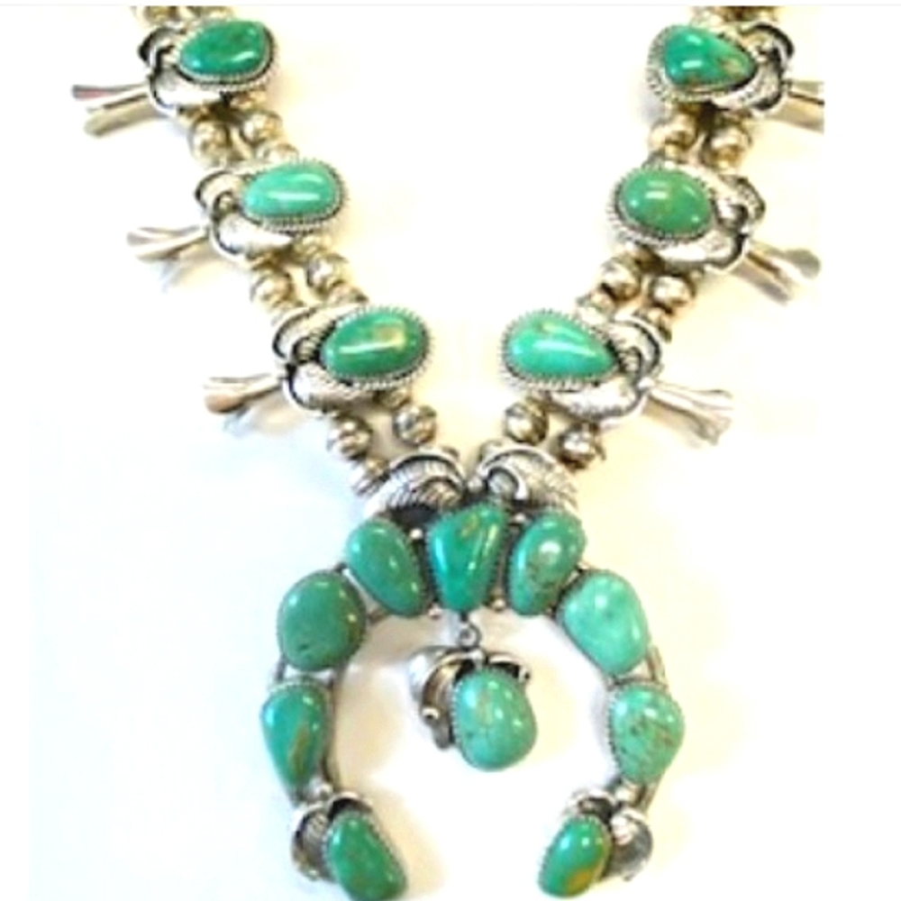Squash Blossom South Western Turquoise Sterling Silver Necklace - Picture 1 of 4